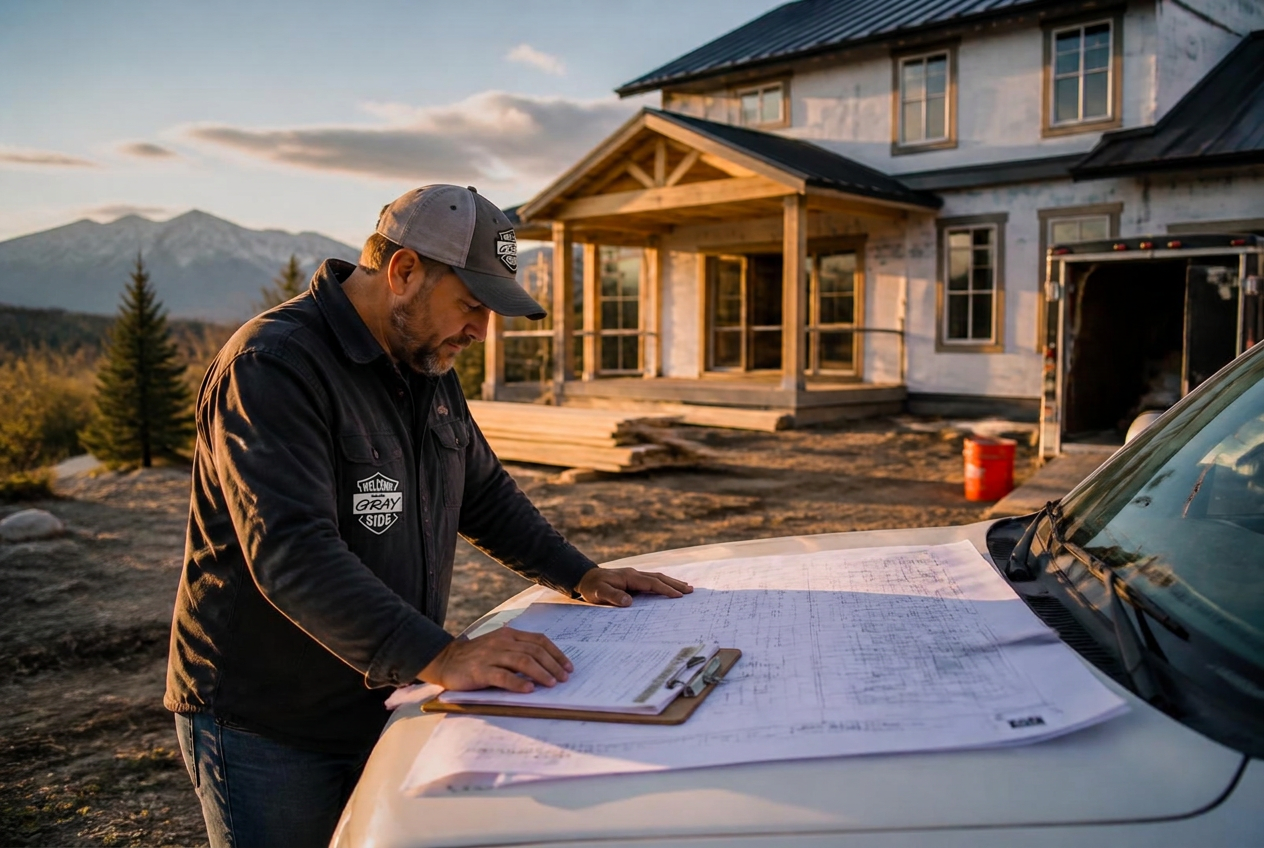 Project manager reviewing renovation plans on site