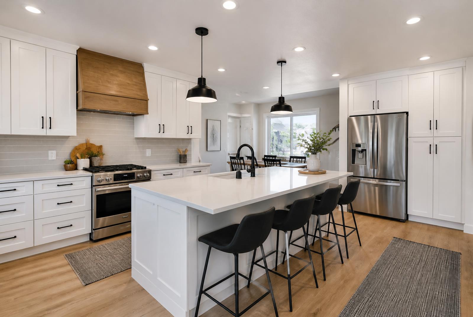 Remodeled kitchen with white cabinets and quartz counters