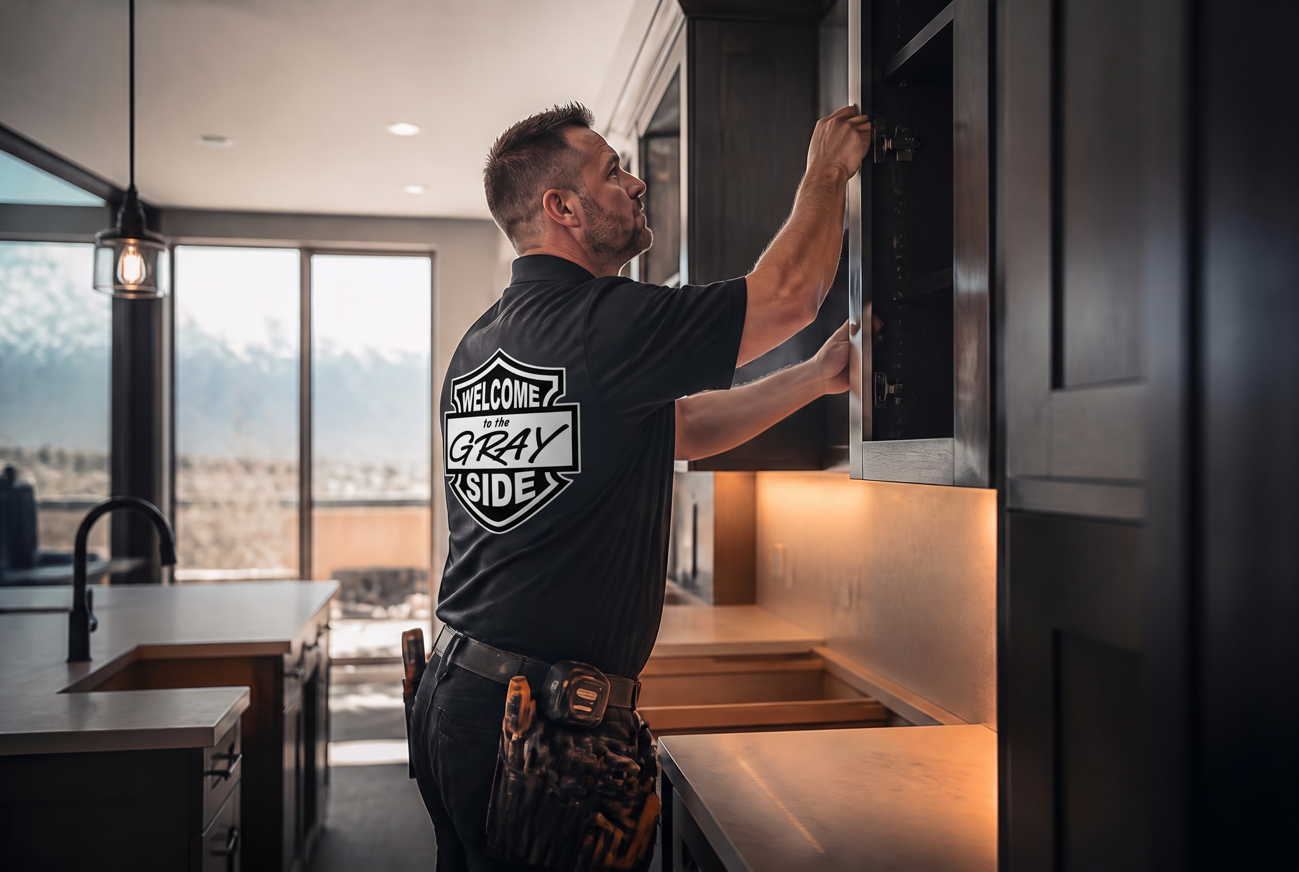 Gray's Handyman technician installing kitchen cabinets in a Salt Lake County home